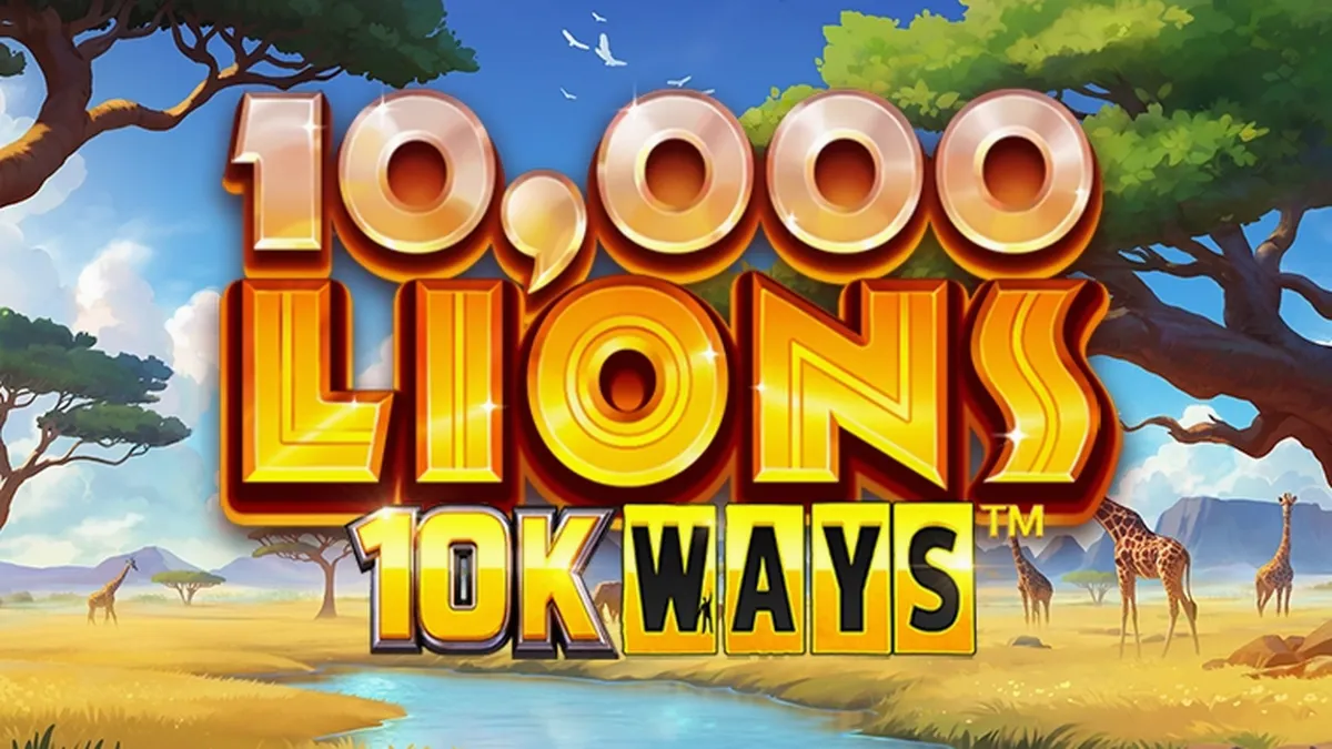 Captura de tela do jogo 10,000 Lions 10K Ways, mostrando leões majestosos na savana africana.