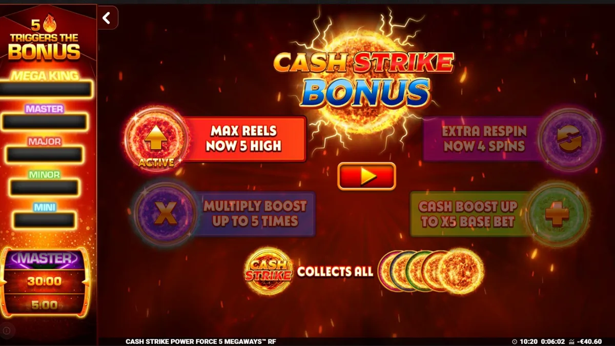 Interface do jogo Cash Strike Power Force 5 Megaways com símbolos de frutas e medidores de bônus