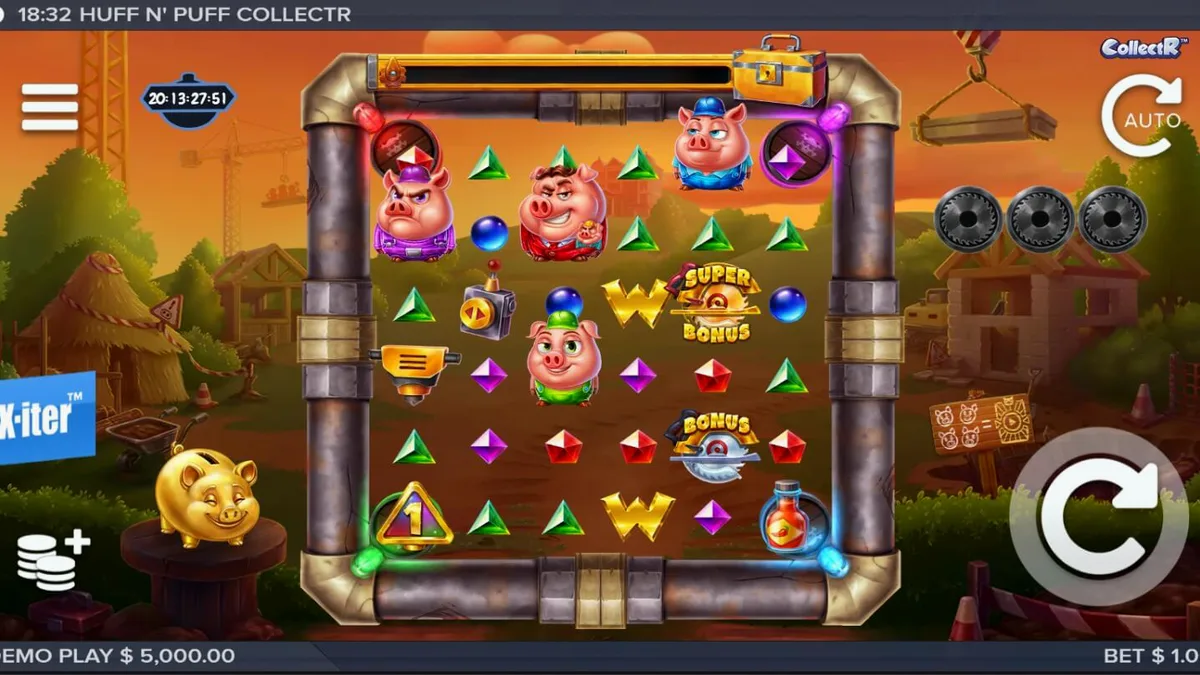 Interface do jogo Huff n Puff CollectR com porquinhos e lobo