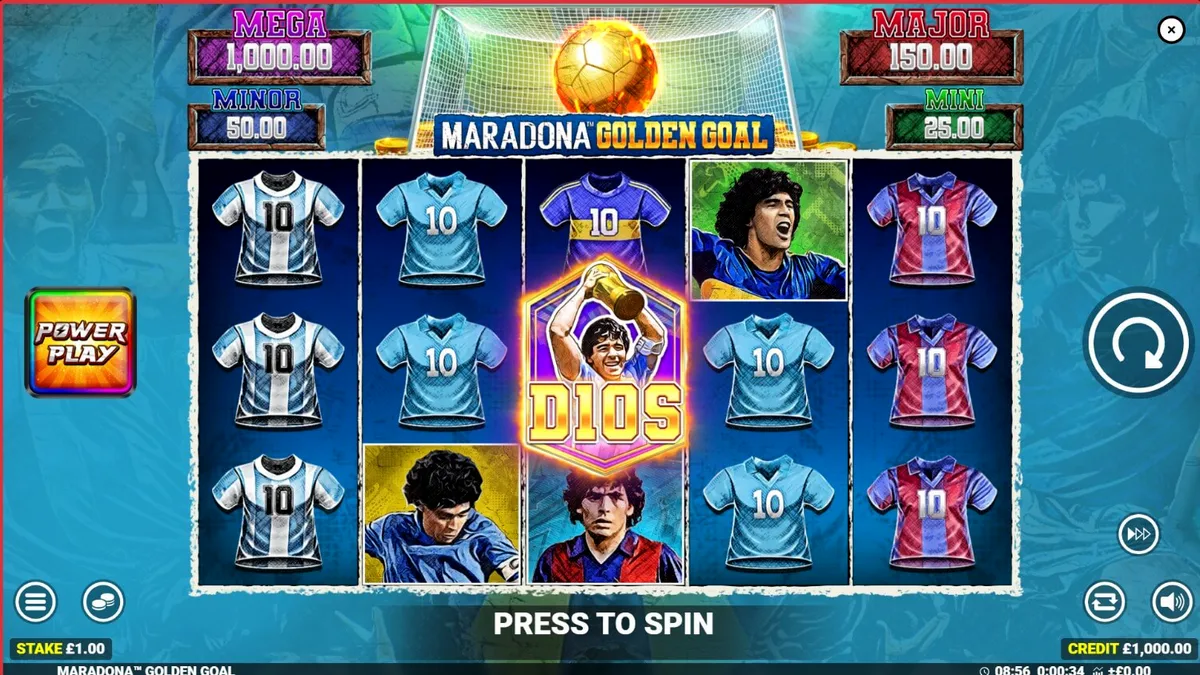 Design visual e símbolos temáticos do slot Maradona Golden Goal