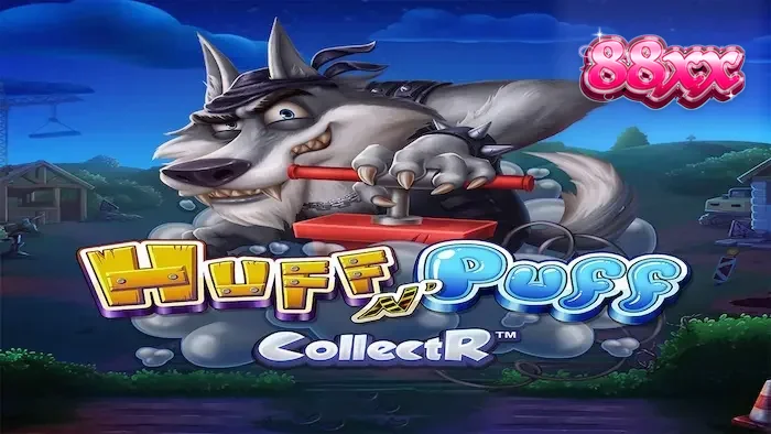 Interface colorida e dinâmica do slot Huff N' Puff CollectR com porquinhos e elementos de construção.
